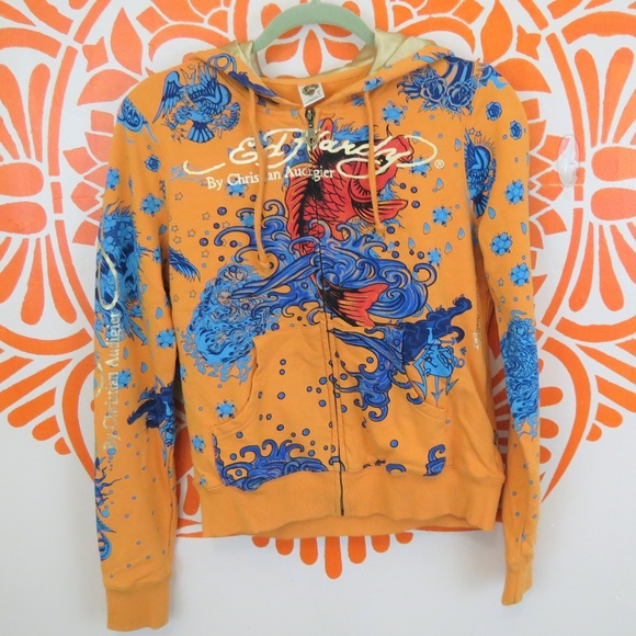 Ed Hardy Tops - Ed Hardy Orange Tattoo Hooded Sweatshirt M